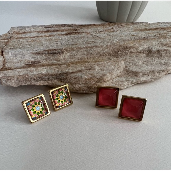 Classic Flirty Stud Earrings - Gold Boho Chic Square & Round Stud Earrings - Picture 6 of 15